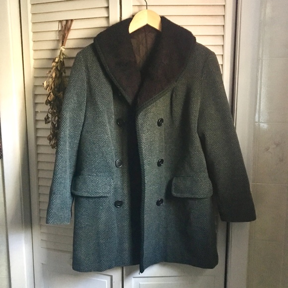 {Vintage} Dark Teal Fuzzy Collar Pea Coat, M/L - Picture 8 of 8